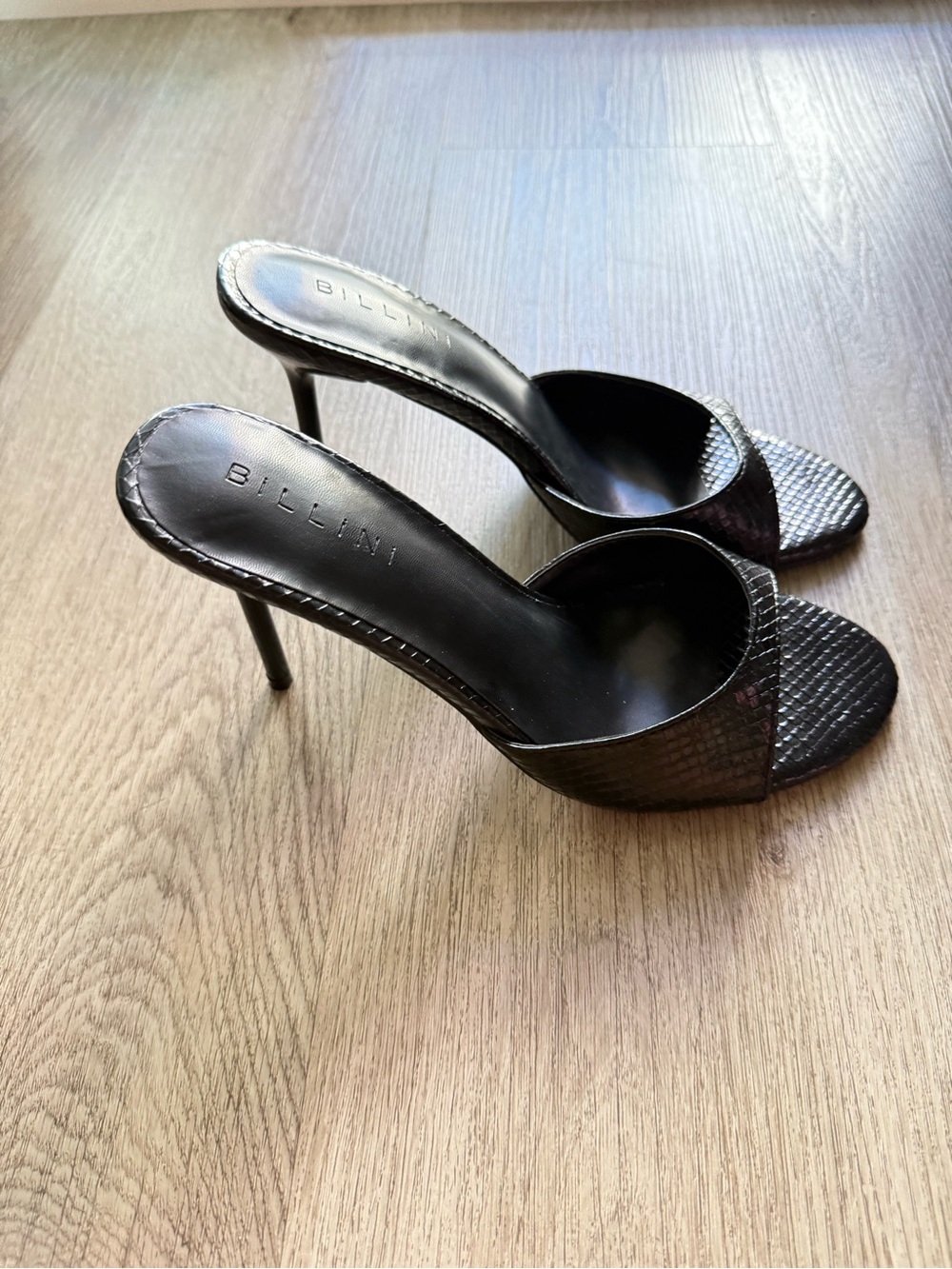 billini xalani black scale slip one open toe mules high heel shoes size 6 NEW